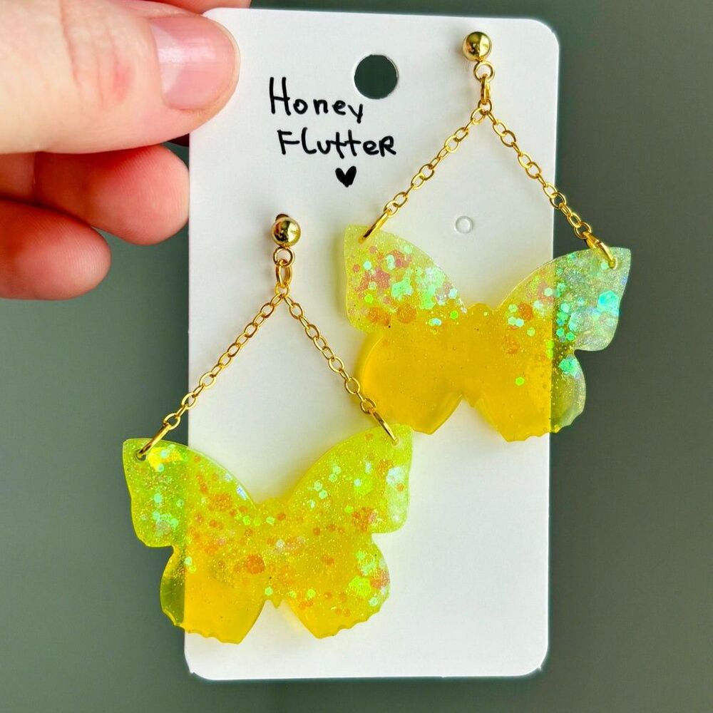 Yellow Butterfly Earrings with Glitter, Handmade Resin Dangles Whimsical Jewelry